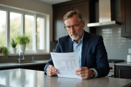 Homme d'&acirc;ge moyen examinant une estimation immobili&egrave;re dans une cuisine moderne