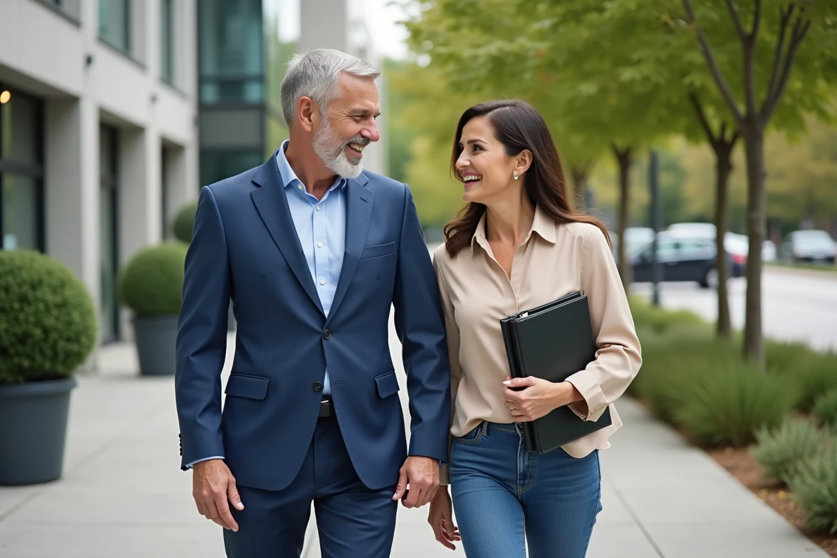 Homme et femme marchant dans un quartier d