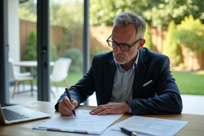 Homme d'âge moyen lisant des papiers d'impôts à la maison
