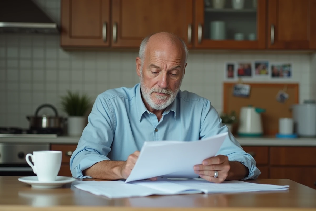 Homme mature lisant des documents dans une cuisine chaleureuse