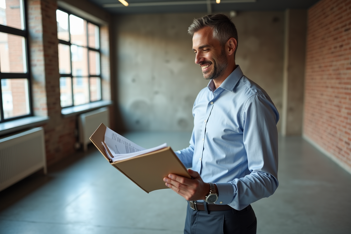Homme en business casual examinant un dossier dans un bureau lumineux
