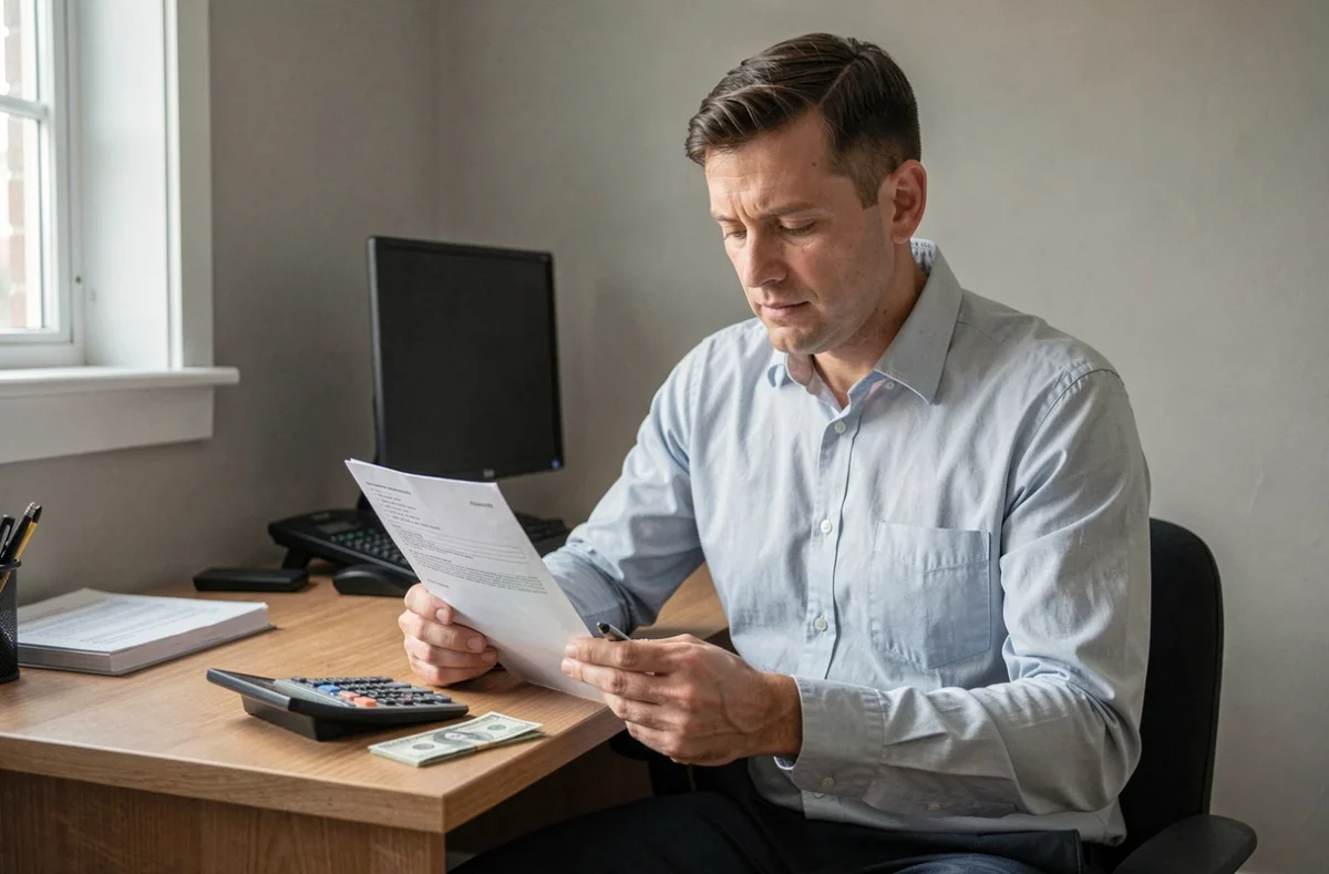 Homme locataire lisant attentivement un contrat d'assurance habitation avec une calculatrice et des factures sur son bureau