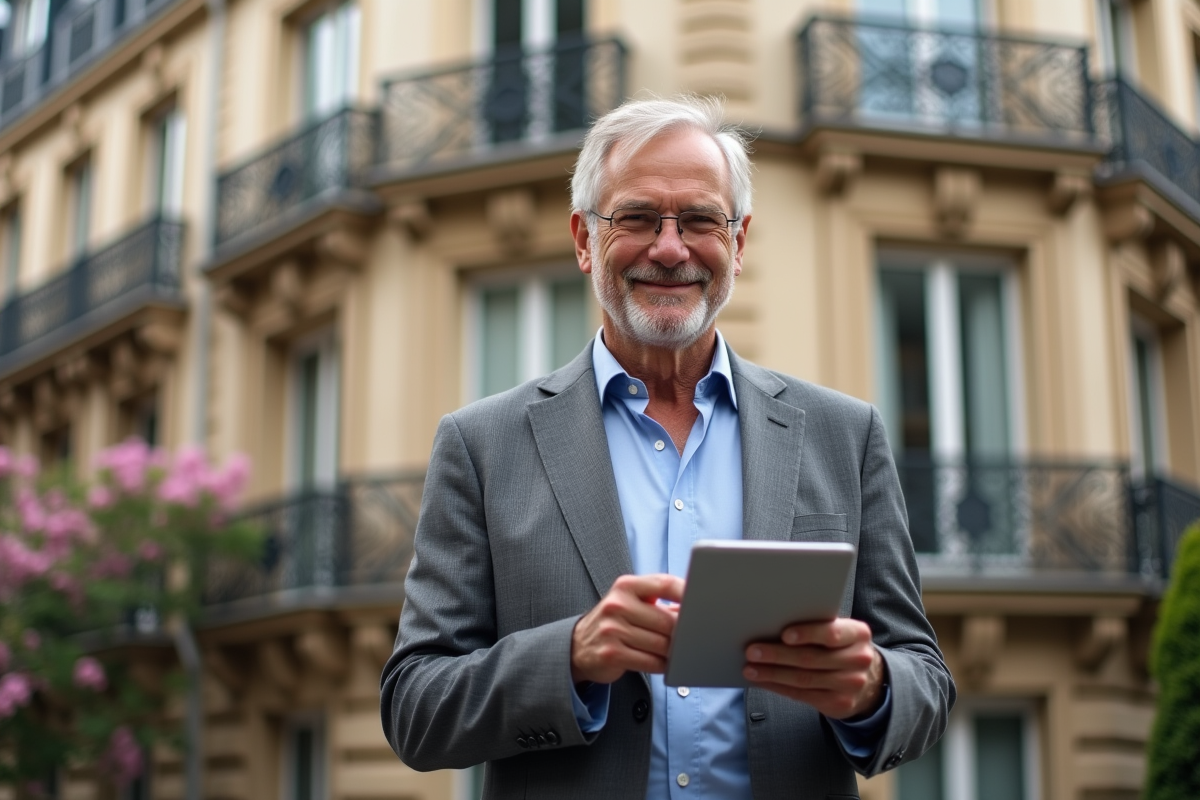 Homme français souriant devant immeuble parisien