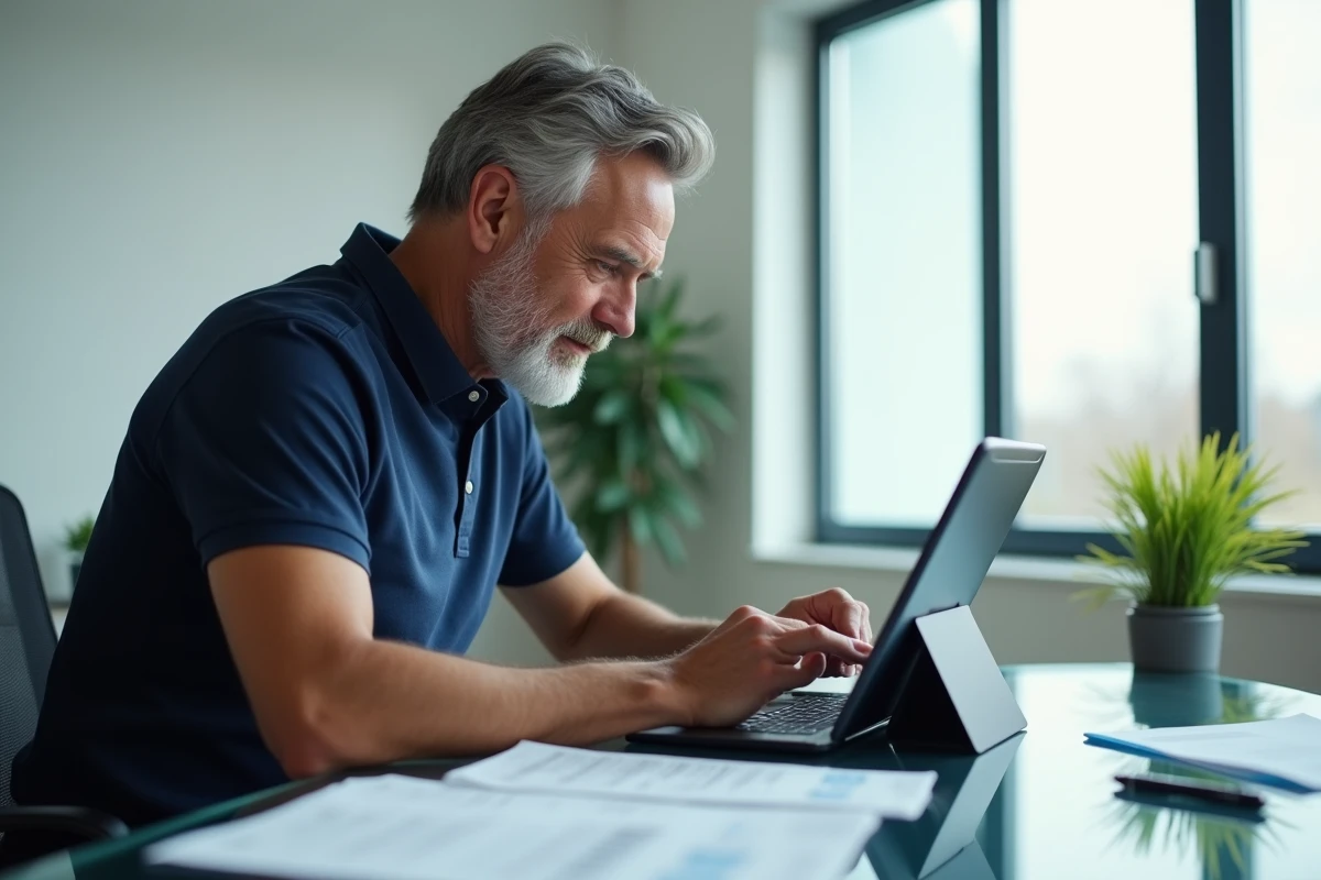 Homme utilisant un portail locataire sur tablette pour récupérer ses justificatifs fiscaux en ligne