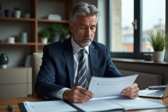 Homme d'affaires pensive examinant des documents de prêt