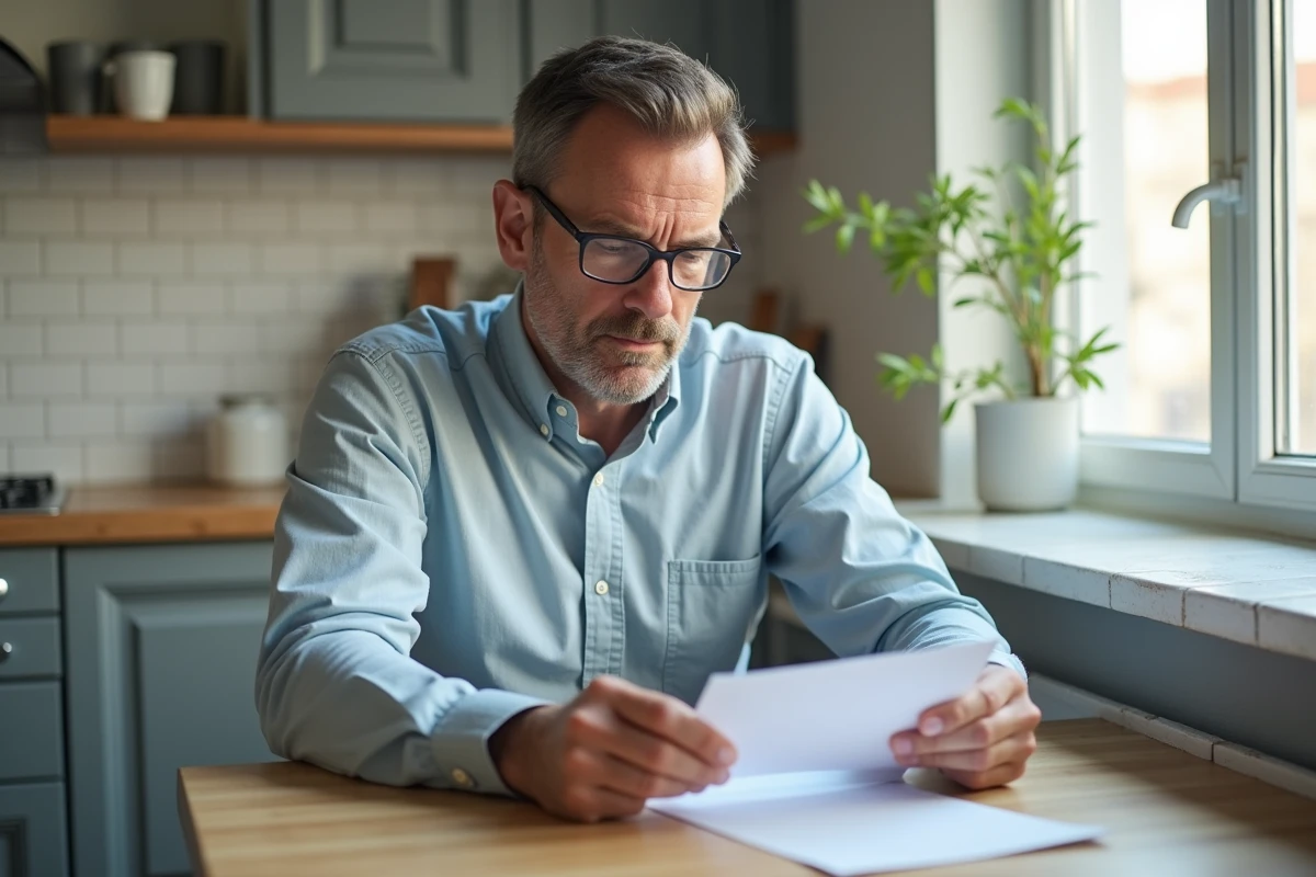 Homme relisant une lettre de motivation dans une cuisine lumineuse