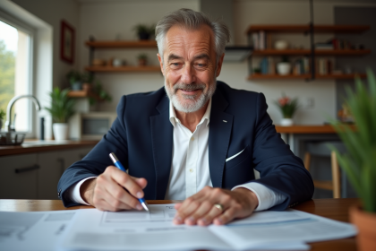 Homme d'âge moyen en blazer bleu examine documents fiscaux