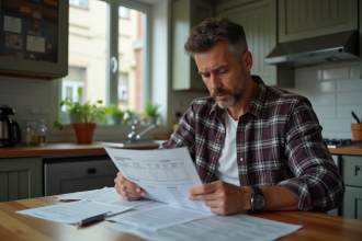 Homme d'âge moyen examine des factures dans une cuisine