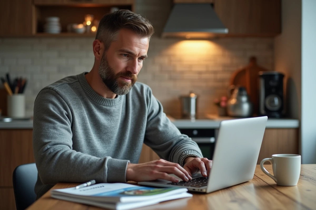 Homme consultant une revue foncière spécialisée et des notes immobilières à domicile pour comparer les sources d'information