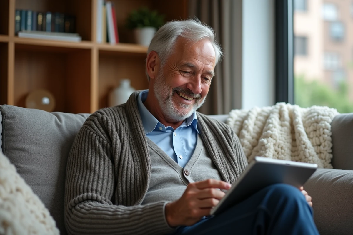 Homme d age moyen utilisant une tablette dans le salon