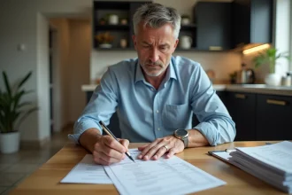 Homme d'âge moyen vérifiant une facture de loyer à la maison