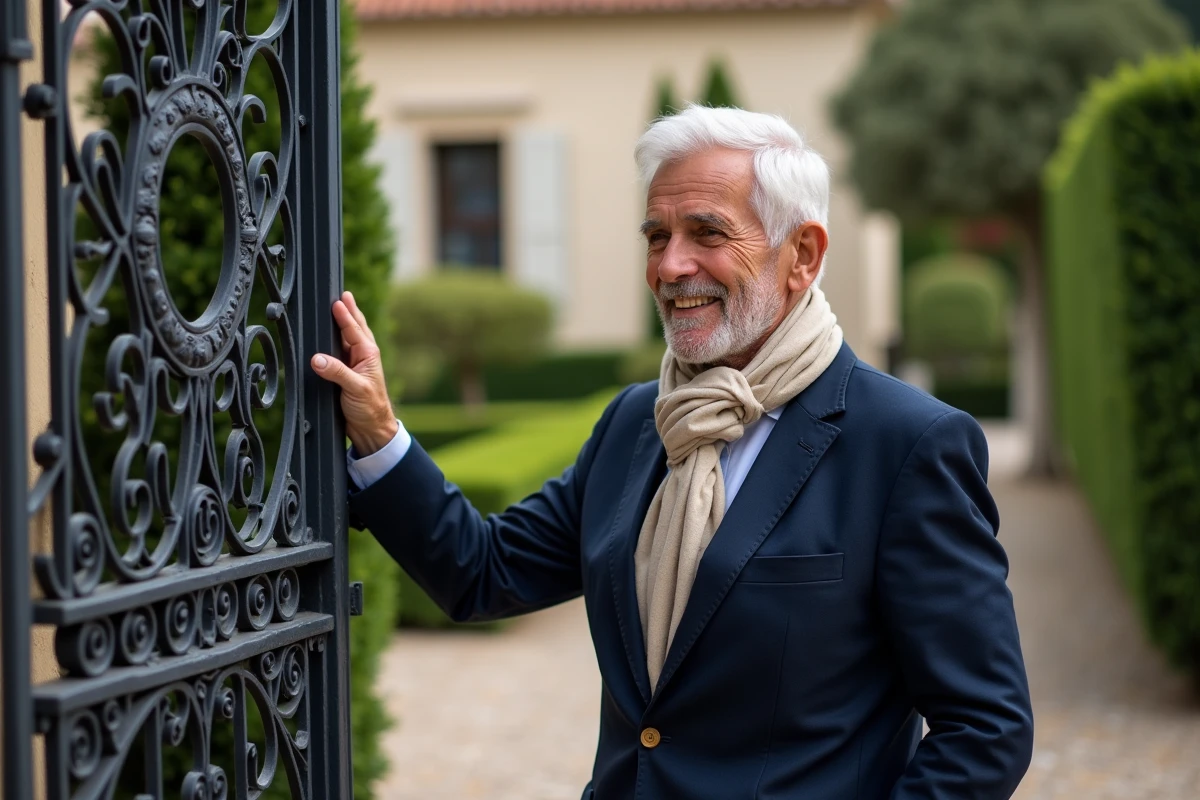 Homme &acirc;g&eacute; devant le portail en fer forg&eacute; de la villa