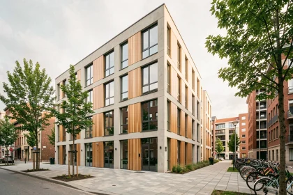 Façade d'un immeuble résidentiel neuf dans le quartier Convergence 94, architecture contemporaine avec bardage bois et béton clair