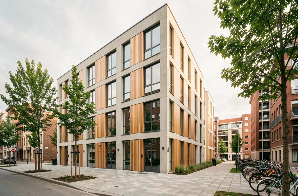 Façade d'un immeuble résidentiel neuf dans le quartier Convergence 94, architecture contemporaine avec bardage bois et béton clair