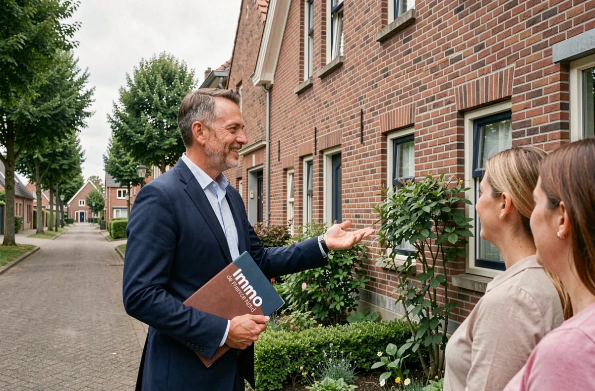 Agent d'Immo de France Nord présentant une maison en briques typique du Nord à des acheteurs potentiels