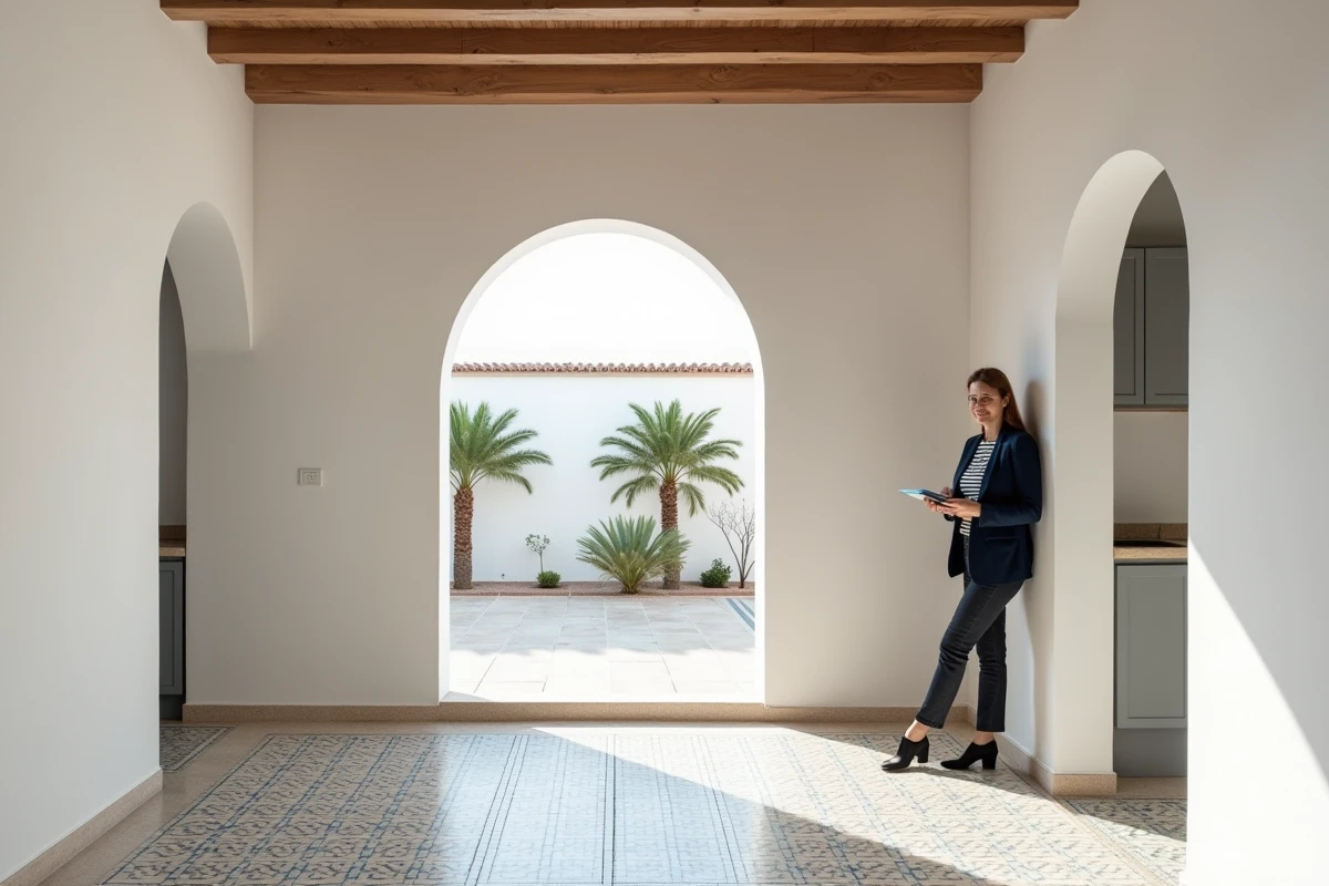 Agente immobilière inspectant un appartement rénové au style marocain contemporain à Marrakech