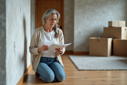 Femme inspectant des rayures dans un appartement moderne