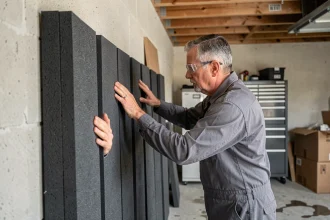 Technicien installant des panneaux acoustiques sur le mur mitoyen d'un garage pour isolation phonique