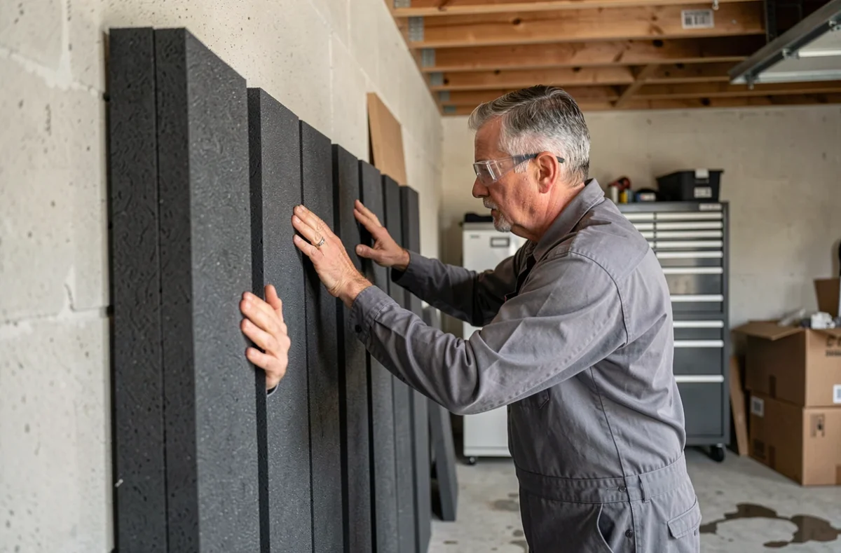 Technicien installant des panneaux acoustiques sur le mur mitoyen d'un garage pour isolation phonique