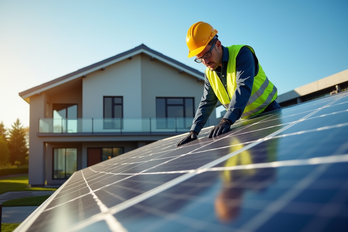 Technicien installant des panneaux solaires sur une maison moderne ensoleillée