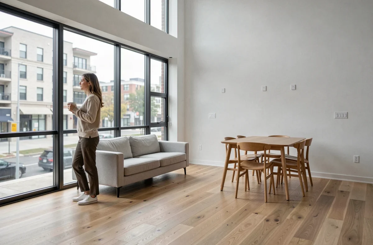 Intérieur d'un appartement neuf lumineux dans le quartier Convergence 94, parquet chêne et grandes fenêtres donnant sur la rue