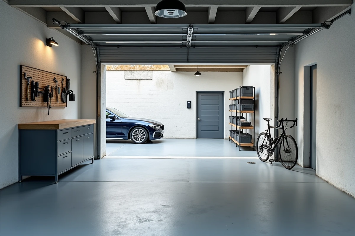 Intérieur d'un garage spacieux attenant à une maison en location au Havre avec espace de rangement