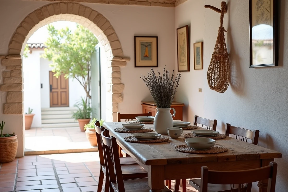 Intérieur rénové d'une maison de pêcheur méditerranéenne avec décoration nautique et sol en tomettes, projet location saisonnière