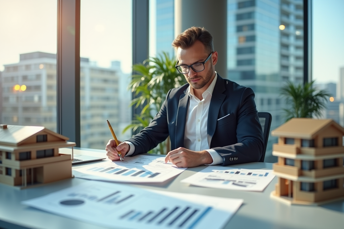Professionnel confiant analysant documents immobiliers
