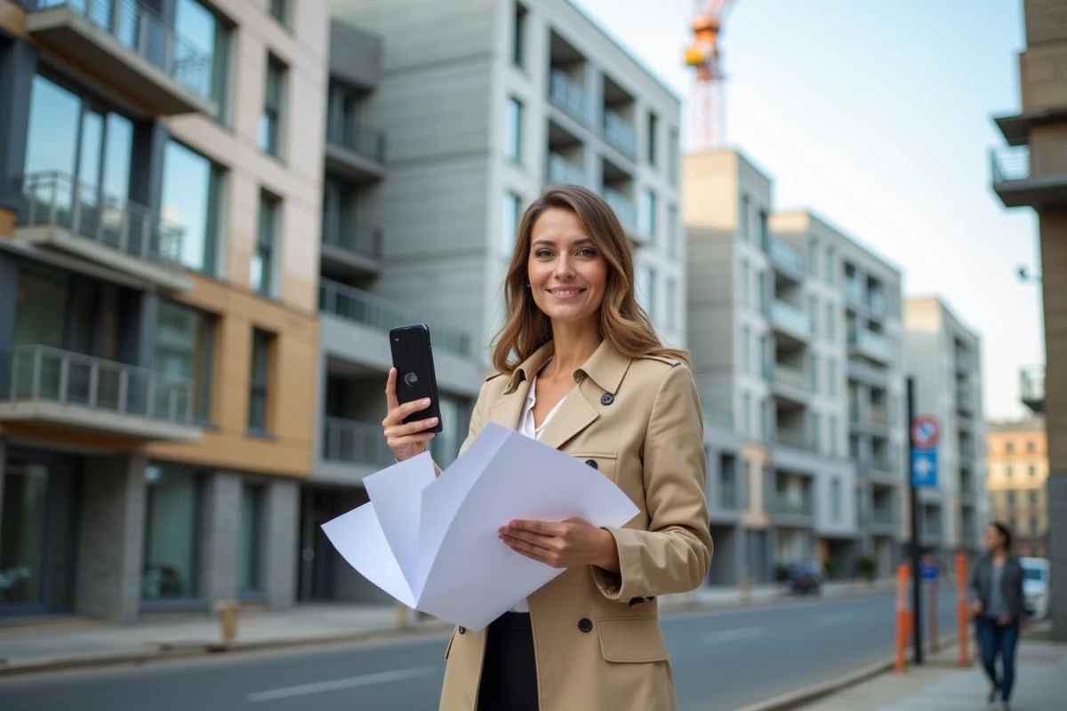 Investisseuse immobilière évaluant les risques d'achat Pinel devant un chantier résidentiel à Bordeaux