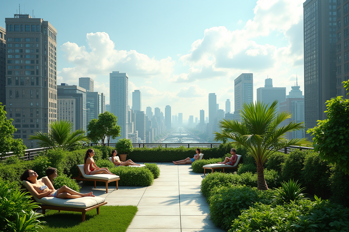 Jardin sur le toit en milieu urbain avec personnes relaxant parmi les plantes