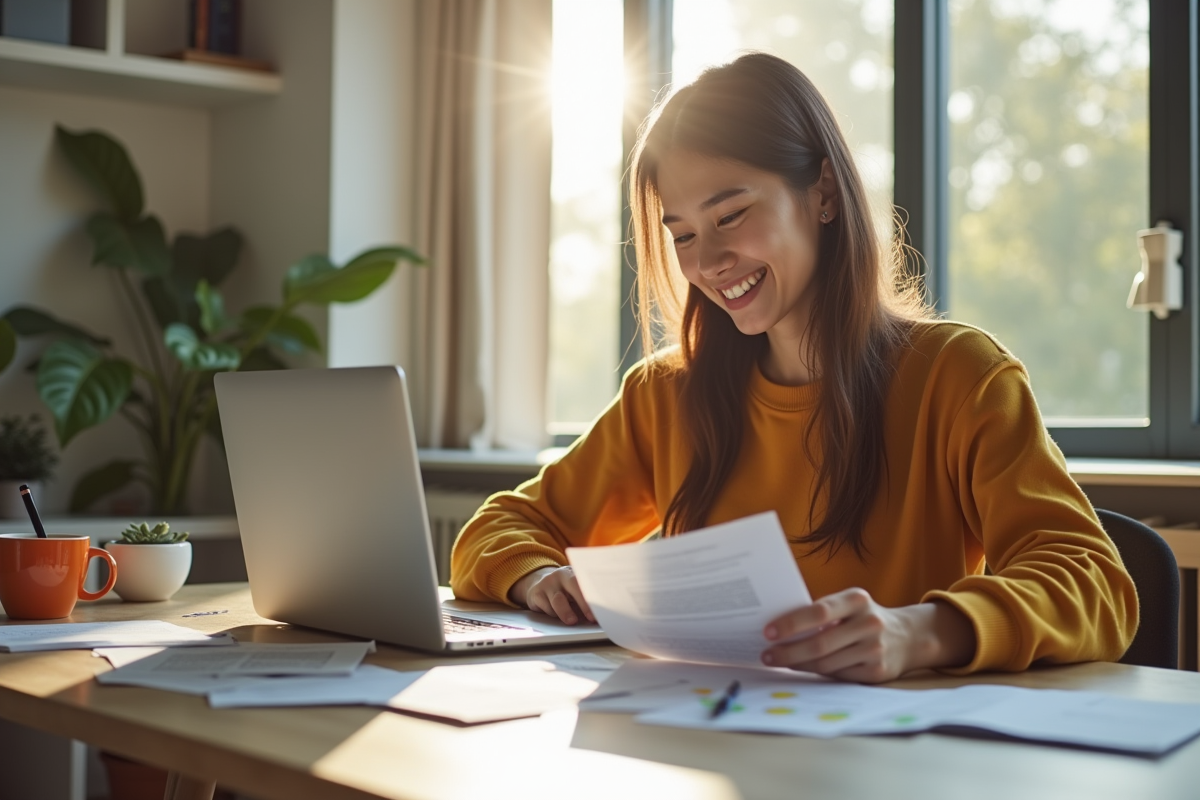 Jeune adulte calculant ses finances dans un salon lumineux