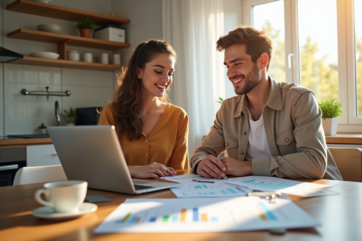 Jeune couple discutant de documents immobiliers à la maison