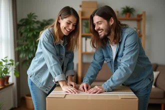 Jeune couple en déménagement partageant un sourire dans leur salon