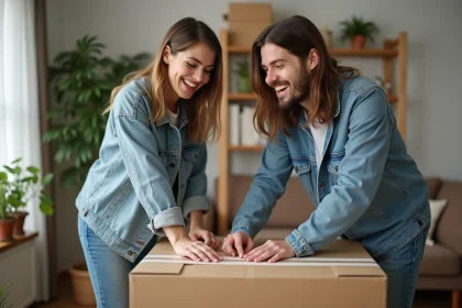 Jeune couple en d&eacute;m&eacute;nagement partageant un sourire dans leur salon