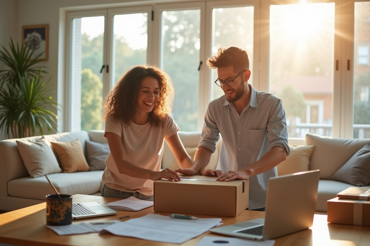 Jeune couple heureux emballant des cartons dans un salon lumineux