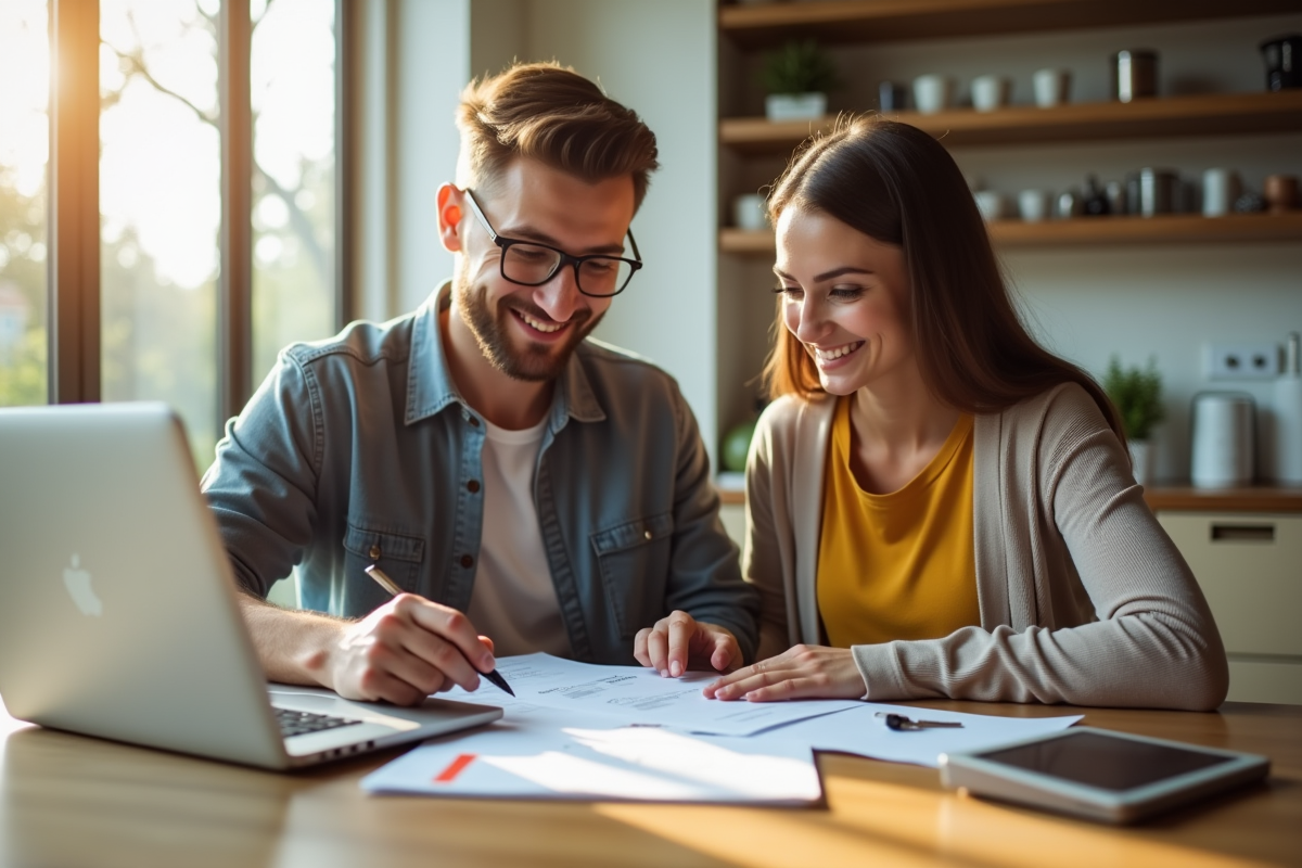 Jeune couple à la maison gérant leurs finances avec documents et ordinateur
