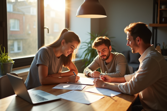 Jeune couple dans une cuisine moderne avec documents immobiliers