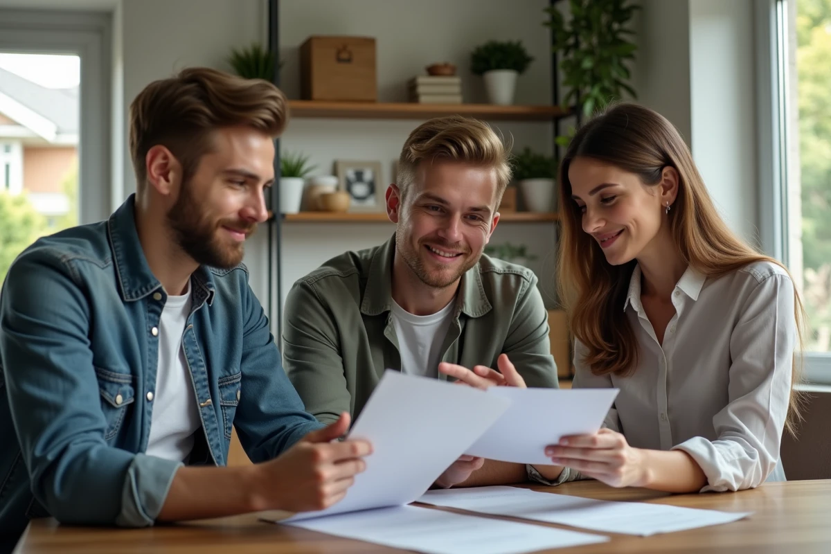 Jeune couple examinant des documents avec une agente immobiliere dans un bureau