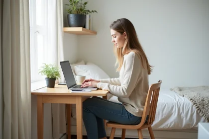 Jeune femme concentrée sur son ordinateur dans une chambre minimaliste