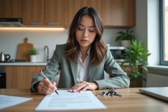 Jeune femme examine un contrat de location dans une cuisine moderne