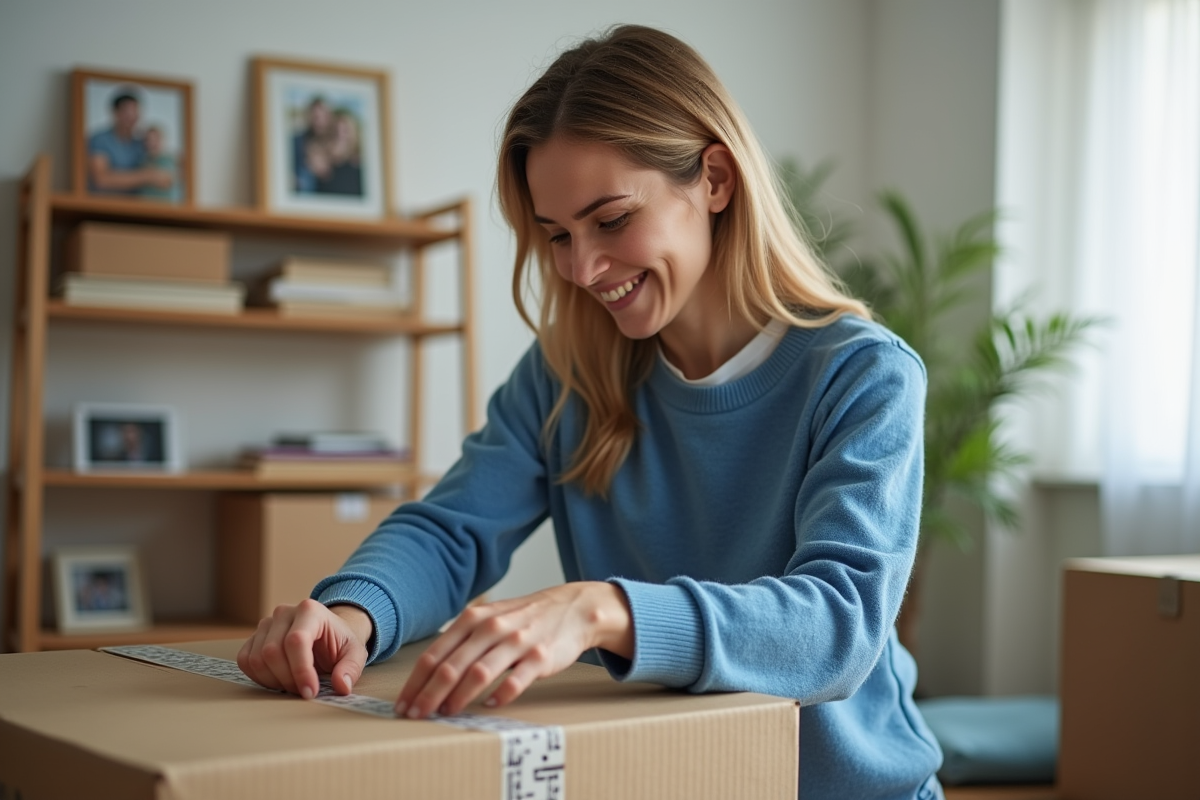 Jeune femme emballant une boxe dans un appartement lumineux