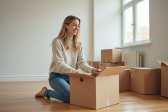 Jeune femme ouvrant une boîte dans un salon lumineux