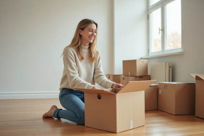 Jeune femme ouvrant une bo&icirc;te dans un salon lumineux