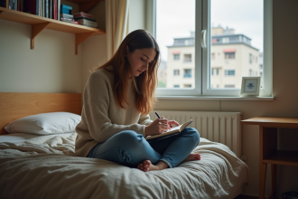 Jeune femme en studieuse dans sa chambre d'étudiant