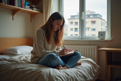 Jeune femme en studieuse dans sa chambre d'étudiant