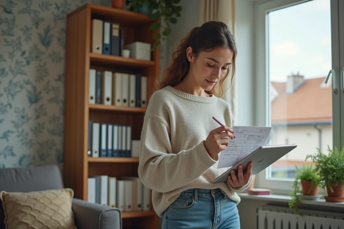 Jeune femme tenant un reçu de loyer dans un salon organisé