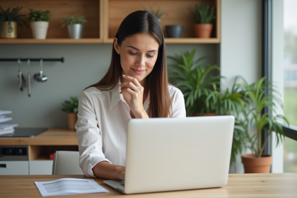 Jeune femme examinant un contrat de location dans un appartement moderne