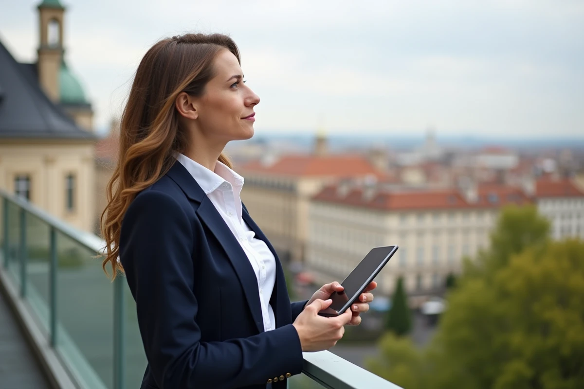 Jeune femme professionnelle à Lyon regardant la ville