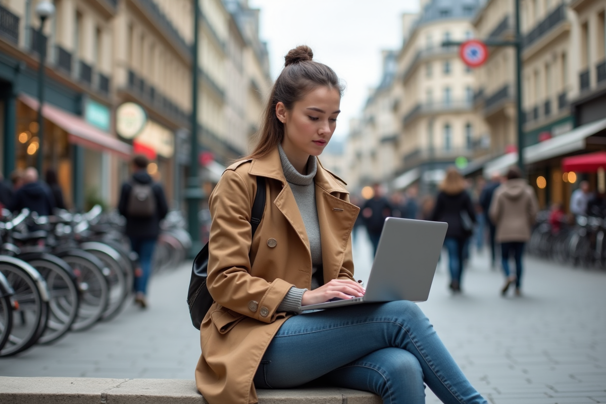 Jeune femme travaillant sur un ordinateur dans une place parisienne