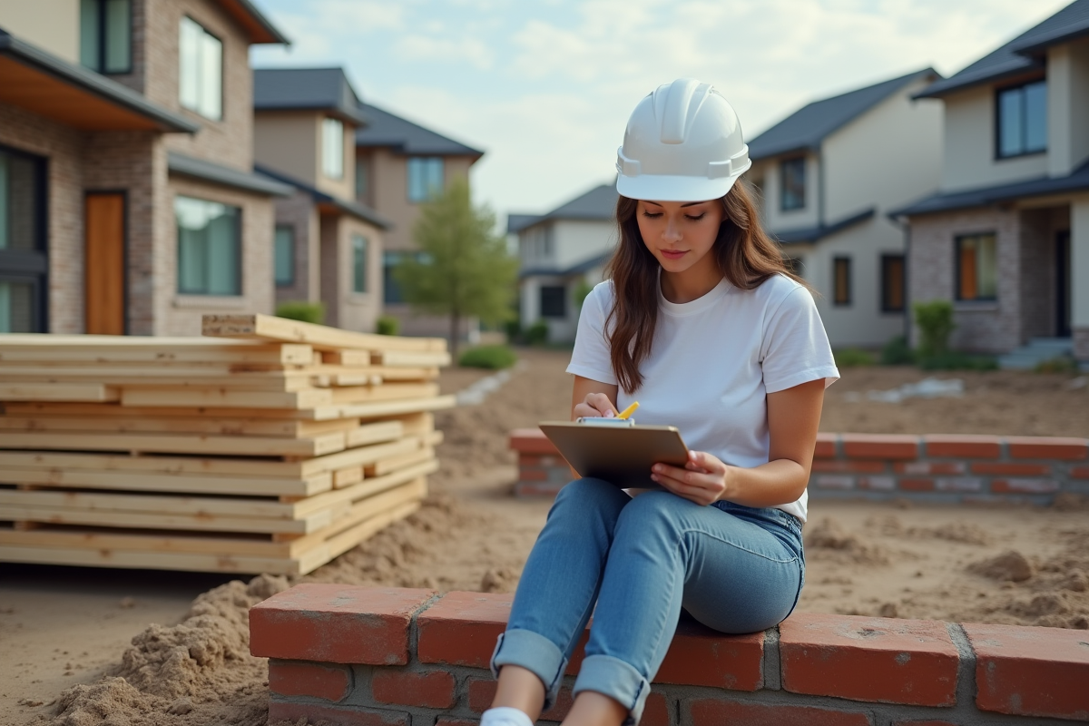 Jeune femme en jeans et T-shirt prenant des notes sur un lot résidentiel urbain